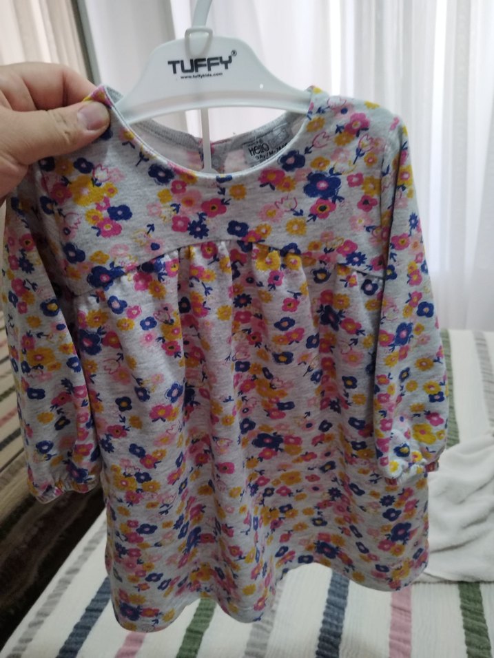 Desenli Düğmeli Uzun Kollu Rahat Elbise - Görsel 2