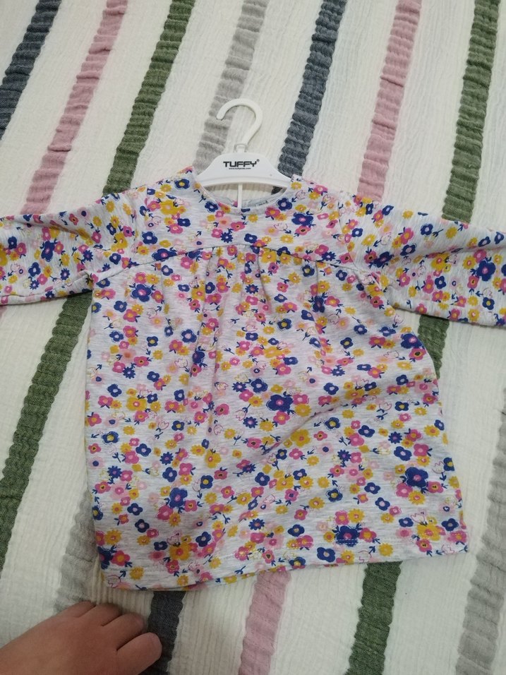 Desenli Düğmeli Uzun Kollu Rahat Elbise - Görsel 3