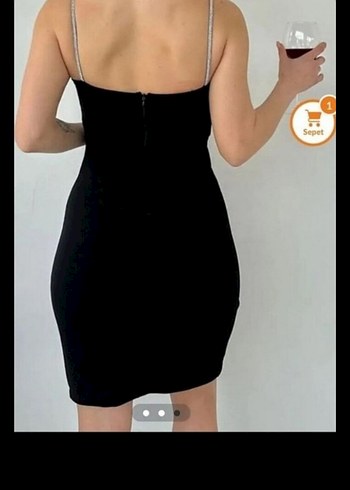 Siyah Mini  Askılı Gece Elbisesi - Görsel 3
