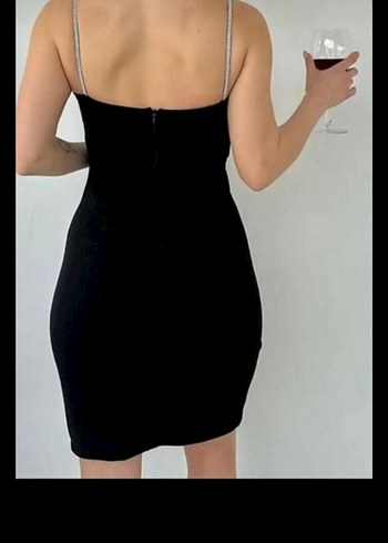 Siyah Mini  Askılı Gece Elbisesi - Görsel 5