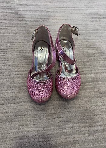 Kız Çocuk Pembe Parlak Simli Topuklu Ayakkabı