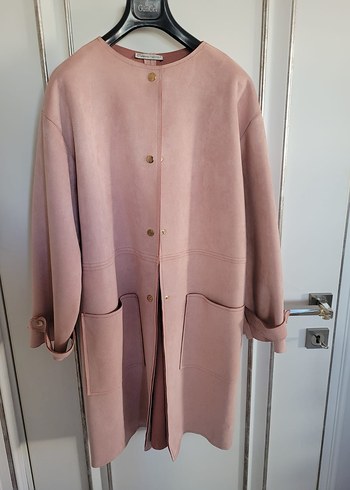Pudra Pembe Uzun Süet Kadın Palto
