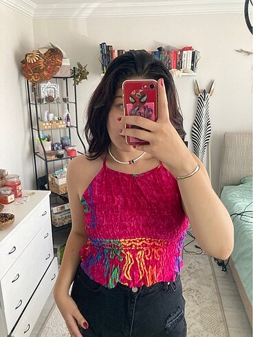 m Beden pembe Renk Etnik otantik boyundan bağlamalı bluz