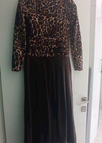 Diğer Kahverengi Leopar Desenli Uzun Kol Elbise