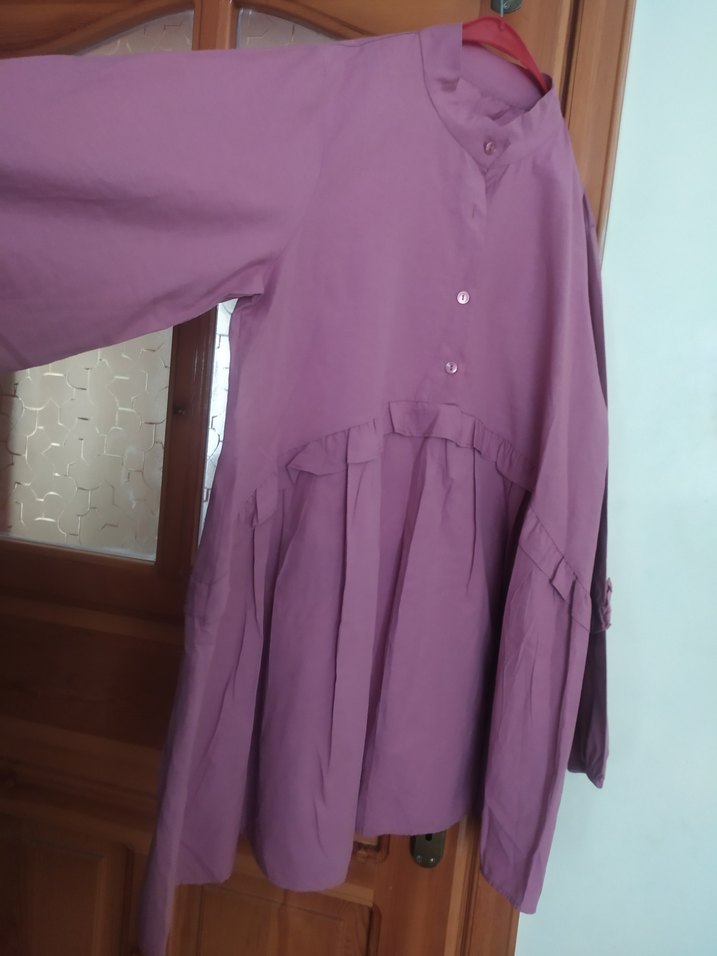 Düğmeli Mor Kadın Keten Tunik - Görsel 2
