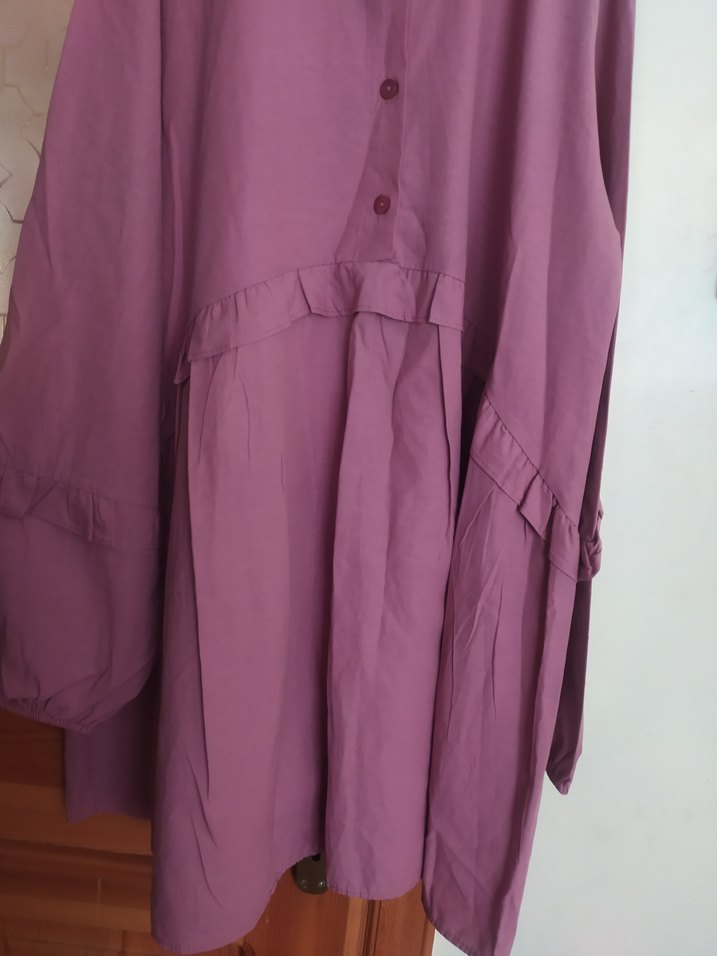 Düğmeli Mor Kadın Keten Tunik - Görsel 3