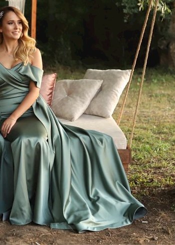 Şık Khaki Uzun Drapeli Abiye Elbise - Görsel 2