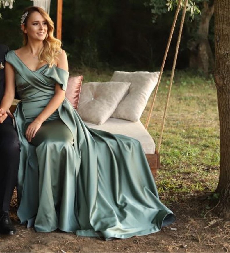 Şık Khaki Uzun Drapeli Abiye Elbise - Görsel 2