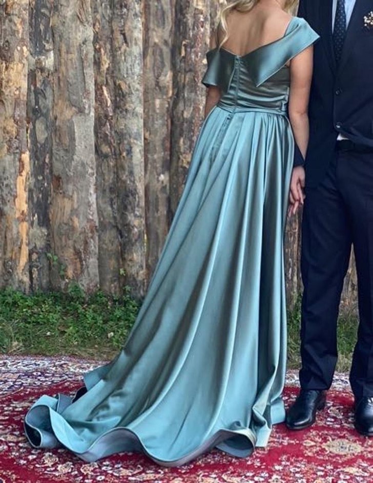 Şık Khaki Uzun Drapeli Abiye Elbise - Görsel 4