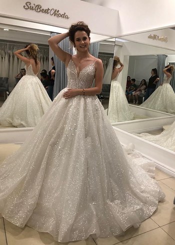 Parlak Beyaz Prenses Gelinlik V Yakalı - Görsel 2