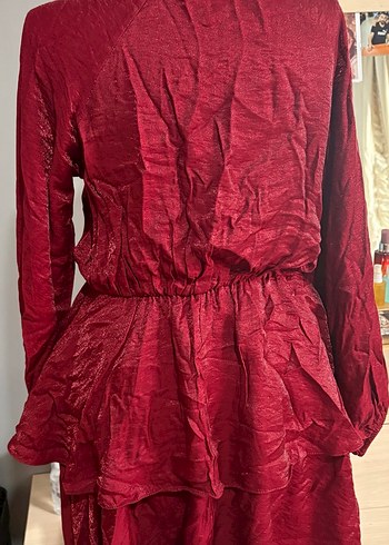 Bordo Parlak Kadın Bohem Uzun Kollu Uzun Elbise - Görsel 4