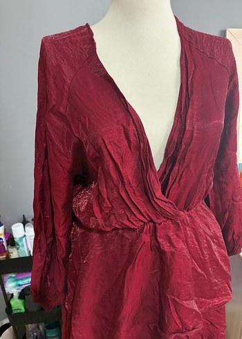 Bordo Parlak Kadın Bohem Uzun Kollu Uzun Elbise - Görsel 2