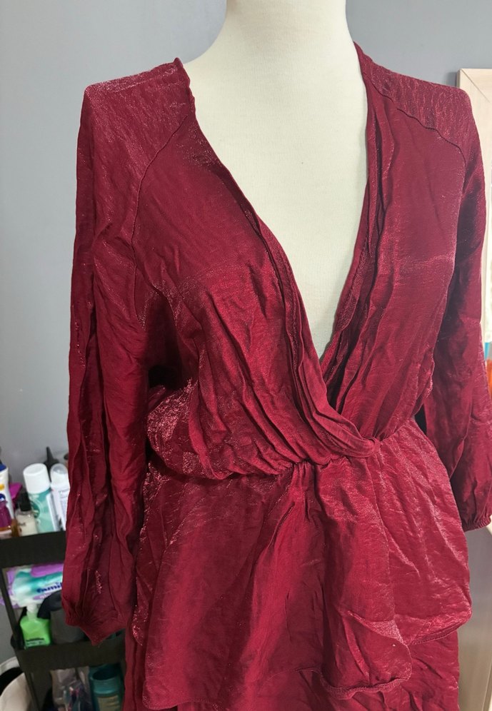 Bordo Parlak Kadın Bohem Uzun Kollu Uzun Elbise - Görsel 2