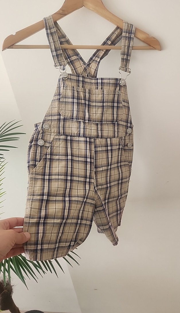 Erkek çocuk Ekose Desenli Pamuklu Askılı Tulum - Görsel 2