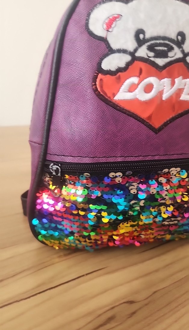 Mor Ayıcık Desenli Pullu Mini Sırt Çantası - Görsel 2