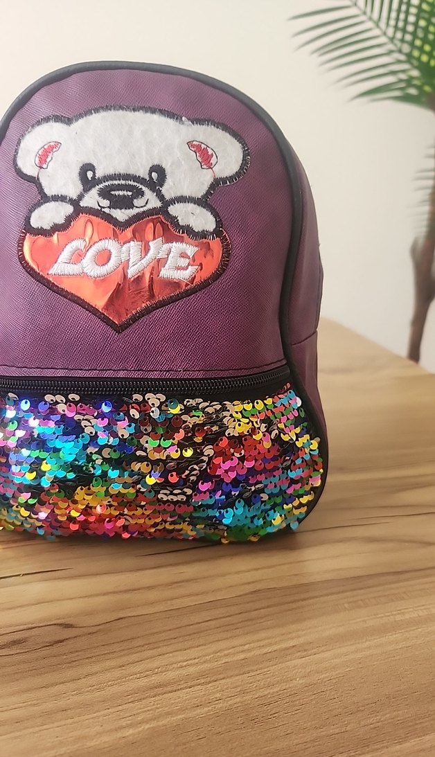 Mor Ayıcık Desenli Pullu Mini Sırt Çantası - Görsel 3