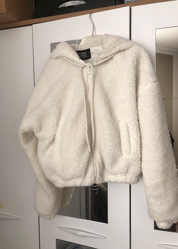 Beyaz Kapüşonlu Peluş Kadın Ceket - Görsel 4