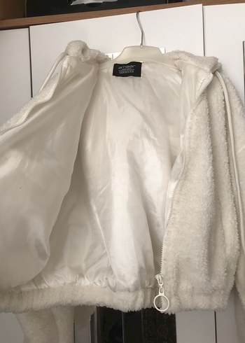 Beyaz Kapüşonlu Peluş Kadın Ceket - Görsel 6