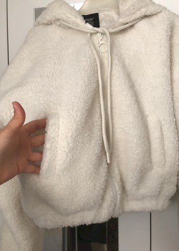 Beyaz Kapüşonlu Peluş Kadın Ceket - Görsel 2