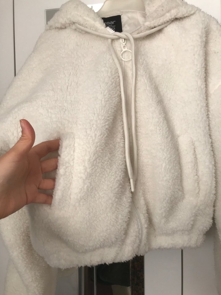 Beyaz Kapüşonlu Peluş Kadın Ceket - Görsel 2