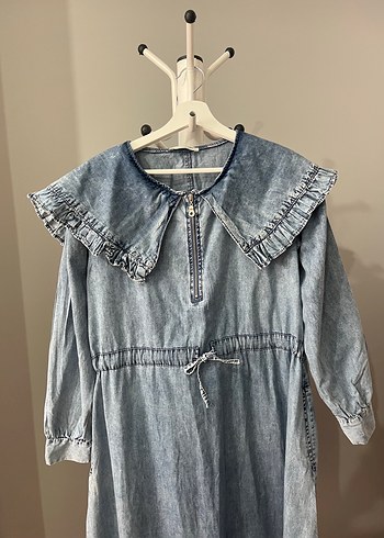 Geniş Yaka Uzun Denim Elbise - Görsel 5