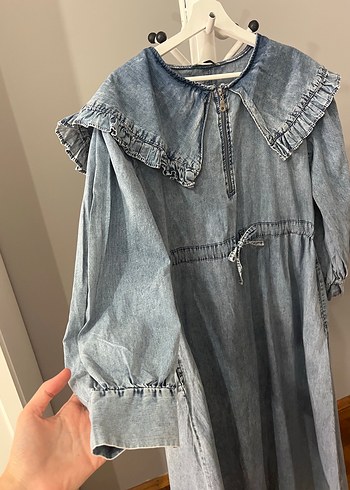 Geniş Yaka Uzun Denim Elbise - Görsel 9