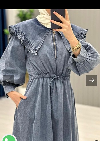 Geniş Yaka Uzun Denim Elbise - Görsel 4