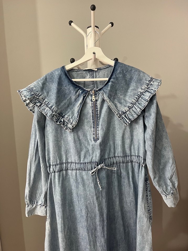 Geniş Yaka Uzun Denim Elbise - Görsel 5