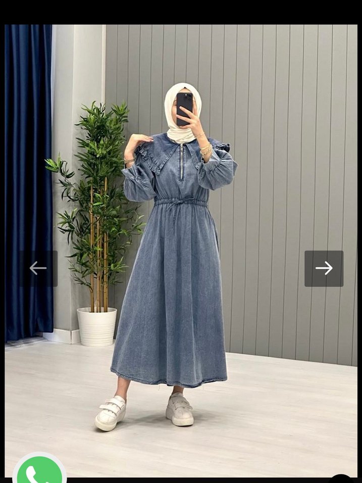 Geniş Yaka Uzun Denim Elbise - Görsel 2