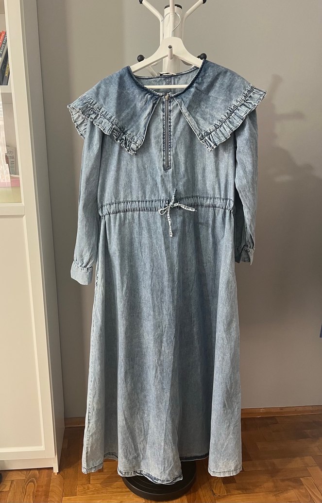 Geniş Yaka Uzun Denim Elbise - Görsel 3