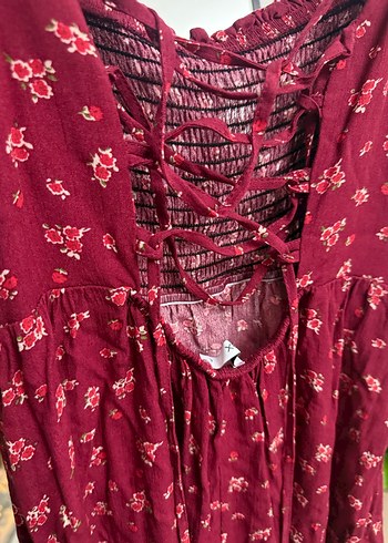 Bordo Bohem Kısa Kollu Midi Elbise - Görsel 3