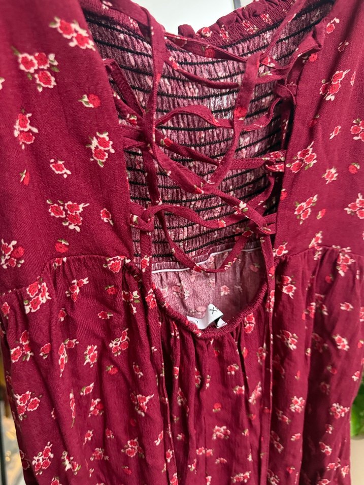 Bordo Bohem Kısa Kollu Midi Elbise - Görsel 3