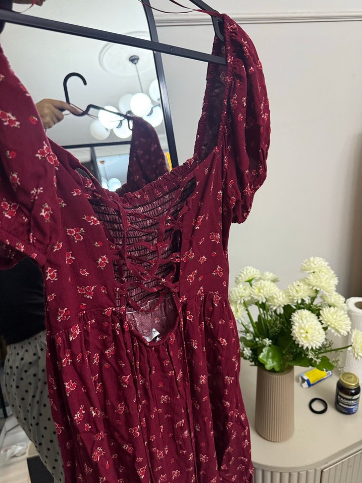 Bordo Bohem Kısa Kollu Midi Elbise - Görsel 2