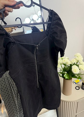 Siyah Straplez Denim Midi Elbise - Görsel 2