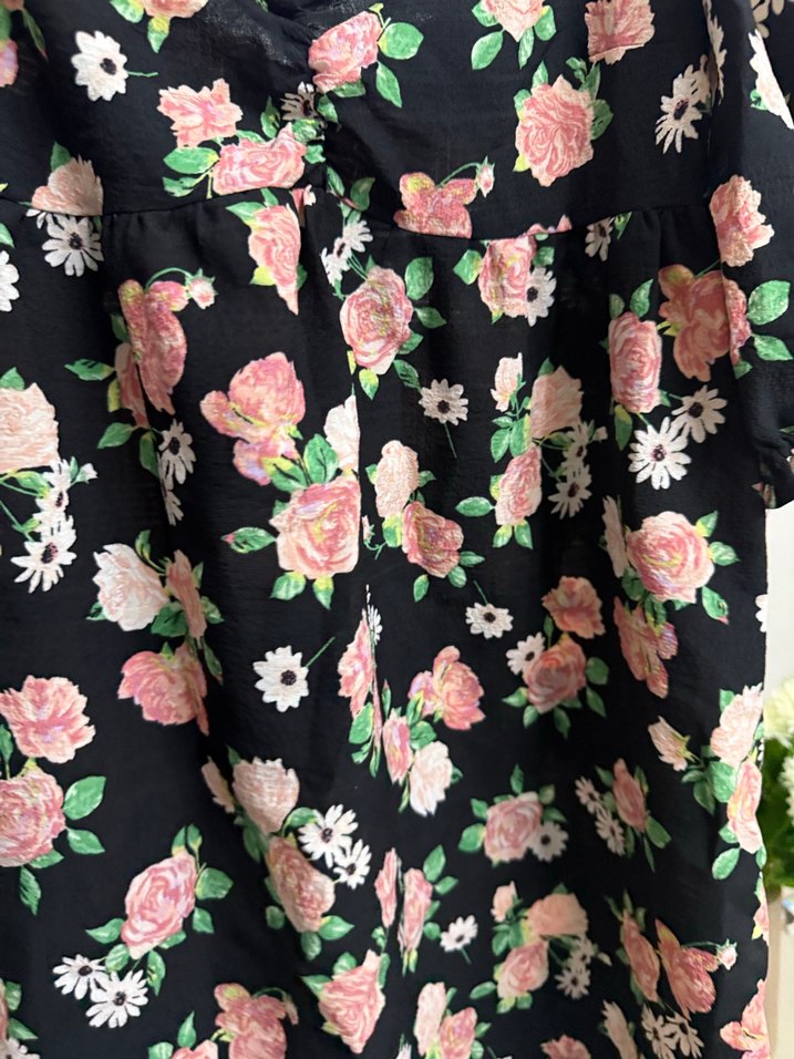 Pembe Çiçekli Midi V Yaka Salaş Elbise - Görsel 3