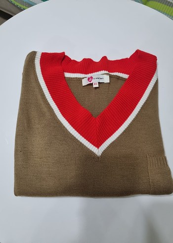 V Yaka Kahverengi Triko Kadın Kazak - Görsel 2