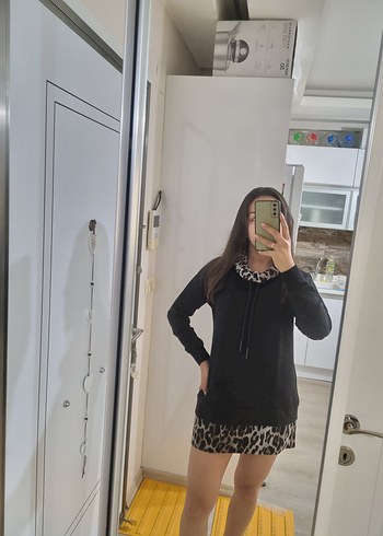 Leopar Desenli Yumuşak Siyah Sweatshirt Elbise - Görsel 4