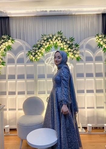 Parlak Gri Uzun Kollu Simli Abiye Elbise - Görsel 2