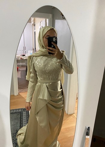 Uzun Kollu Beyaz Drapeli Abiye Elbise - Görsel 3