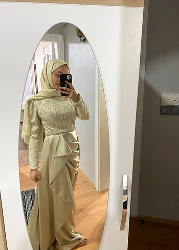 Uzun Kollu Beyaz Drapeli Abiye Elbise - Görsel 2