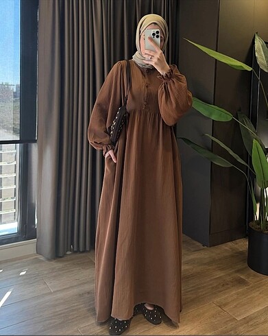 Bağlama detay müslin elbise - taba