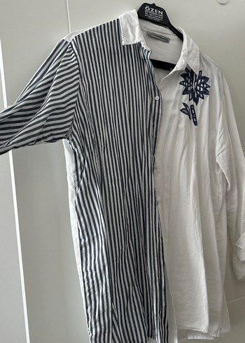 Düğmeli Nakışlı Gri Beyaz Keten Kadın Gömlek - Görsel 2