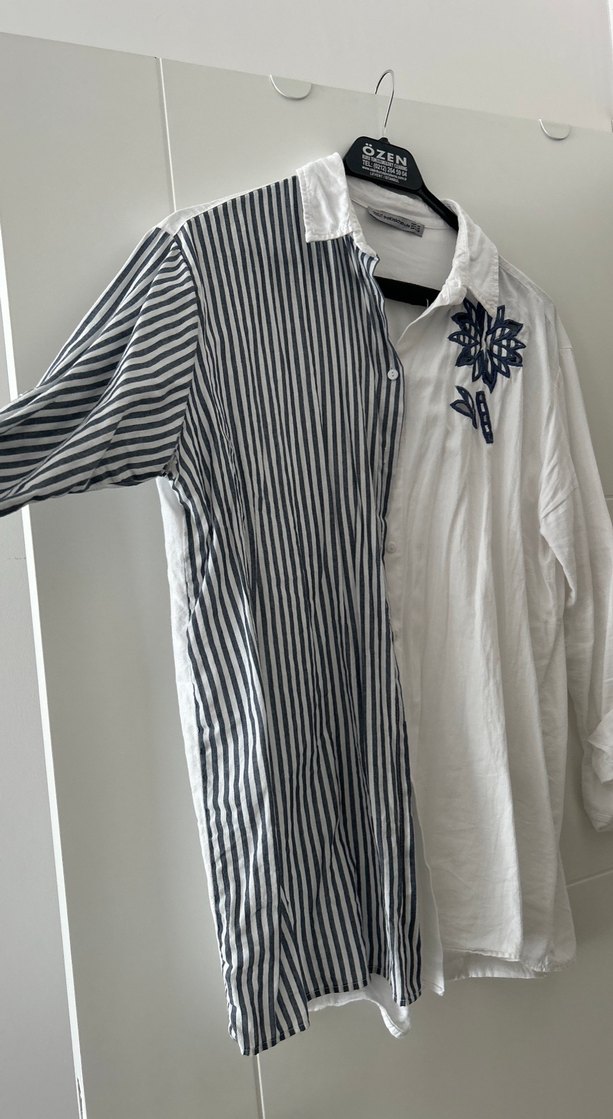 Düğmeli Nakışlı Gri Beyaz Keten Kadın Gömlek - Görsel 2