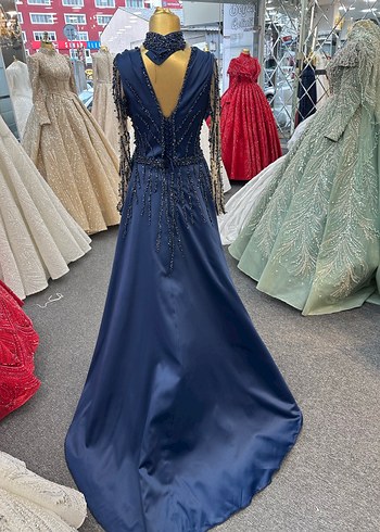 Kadın Lacivert Uzun Abiye Elbise V Yaka - Görsel 6