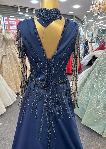 Kadın Lacivert Uzun Abiye Elbise V Yaka - Görsel 5