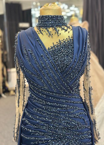 Kadın Lacivert Uzun Abiye Elbise V Yaka - Görsel 3