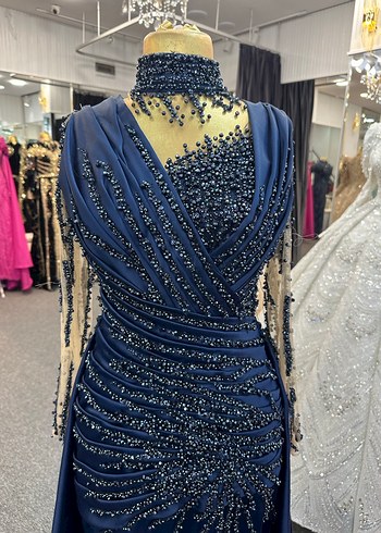 Kadın Lacivert Uzun Abiye Elbise V Yaka - Görsel 2