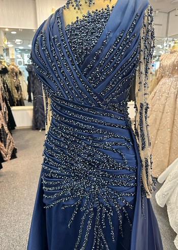 Kadın Lacivert Uzun Abiye Elbise V Yaka - Görsel 4