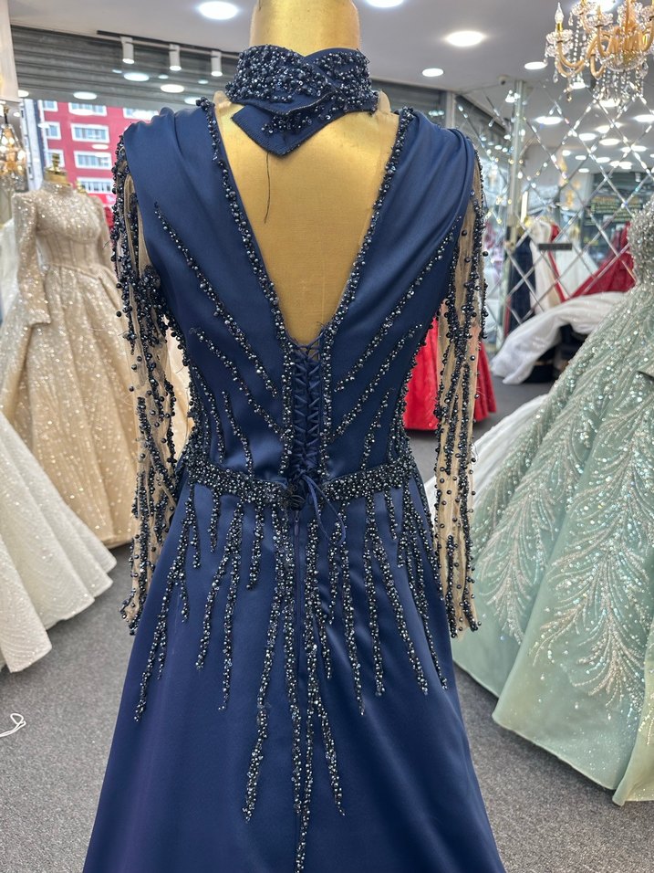 Kadın Lacivert Uzun Abiye Elbise V Yaka - Görsel 5