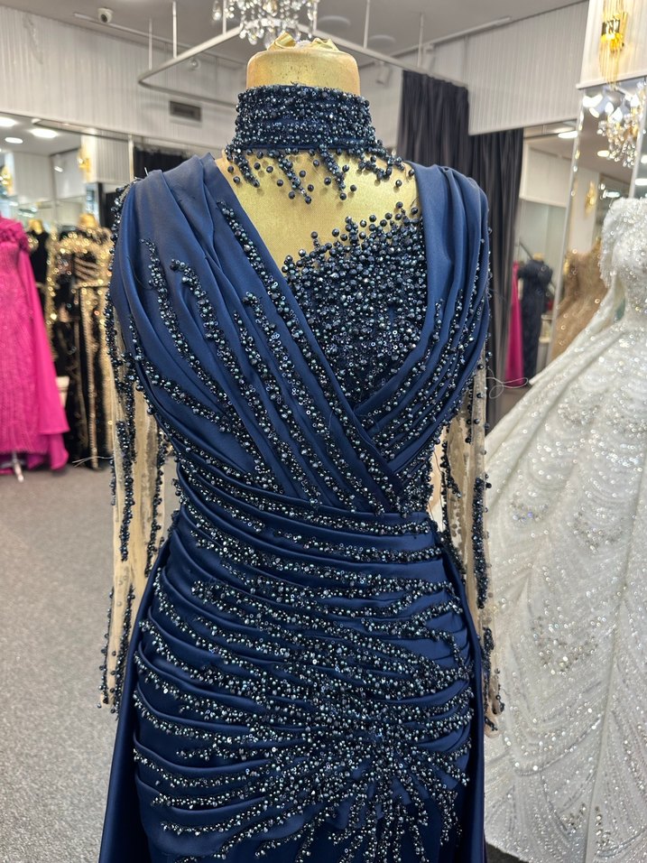 Kadın Lacivert Uzun Abiye Elbise V Yaka - Görsel 2